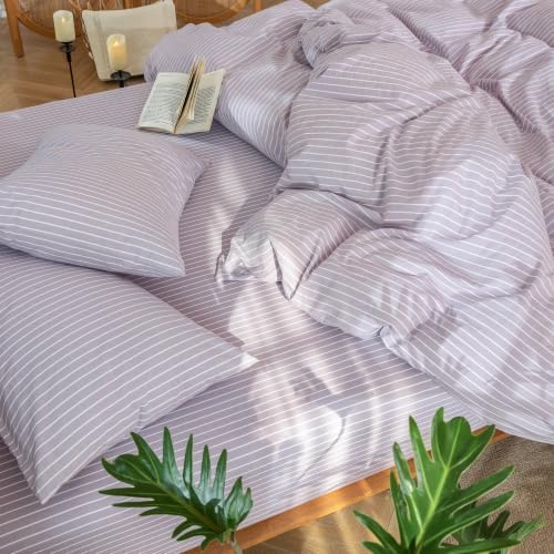 MooMee Striped Duvet Cover Set 100% Washed Cotton Linen Like Queen