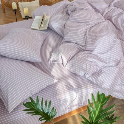 MooMee Striped Duvet Cover Set 100% Washed Cotton Linen Like King