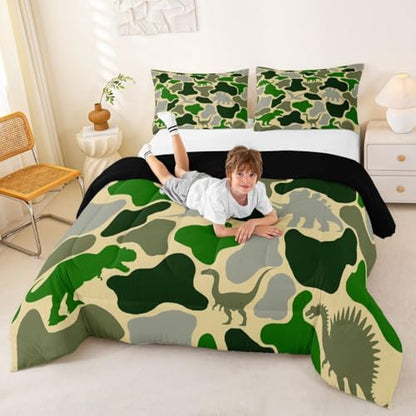 Feelyou Green Dinosaur Comforter Set All Season Camouflage Bedding Set with 2 Pillow Cases Green Camo Dino Microfiber Kids Full Bedclothes Bedroom Decor Duvet Quilt Breathable Soft Lightweight