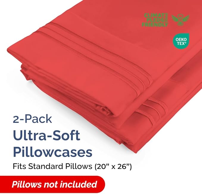 Standard Pillow Cases Set of 2 - Ultra-Soft Hotel Quality Pillowcase Covers - Comfy & Wrinkle Free - Stain and Fade Resistant - Machine Washable Pillow Protectors - 2 Piece Set - Standard Red