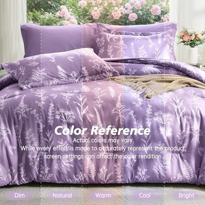 MUXHOMO Grayish Purple Full Comforter Set, Elegant Floral Print Bed in a Bag 7 Pieces, Ultra Soft & Breathable Reversible Botanical Pattern Bedding Set with Comforter, Sheets, Pillowcases, and Shams