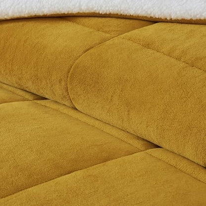 Chezmoi Collection Ultra-Soft Micromink Sherpa Comforter Set with 2 Pillow Shams - King Size Mustard Yellow Reversible Plush Bedding Comforter 3-Piece Set Warm Winter Blanket