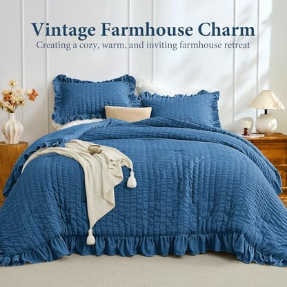 JOLLYVOGUE Teal Queen Comforter Set, 3 Pieces Seersucker Comforters Queen Size, Lightweight & Fluffy Bedding Sets Queen for All Season with 1 Ruffle Comforter and 2 Ruffle Pillowshams