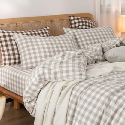 BESTOUCH Gingham Cotton Duvet Cover Set Linen Grey Super Queen