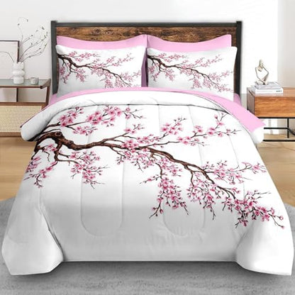 Pamnest Queen Comforter Set with Sheets, 7 Pieces Japanese Cherry Bedding
