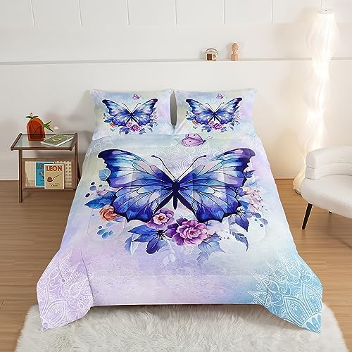 HOSIMA Floral Purple Butterfly Comforter-Soft Microfiber,Fantasy Butterfly Aesthetics Twin Bed in a Bag for Kids Girls Teens Women,Mandala Preppy Bedding 3Piece with 2 Pillow Shams.
