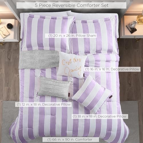 Juicy Couture Cabana Stripe Reversible Bedding Set - Twin/Twin XL Size - Lavender/White Stripe Print - 5 Piece Set - Includes 1 66" x 90" Comforter, 3 Decorative Pillows, 1 Sham