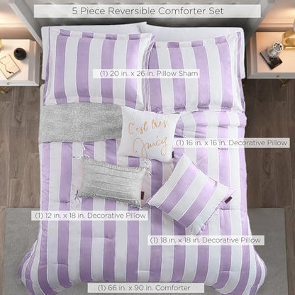 Juicy Couture Cabana Stripe Reversible Bedding Set - Twin/Twin XL Size - Lavender/White Stripe Print - 5 Piece Set - Includes 1 66" x 90" Comforter, 3 Decorative Pillows, 1 Sham