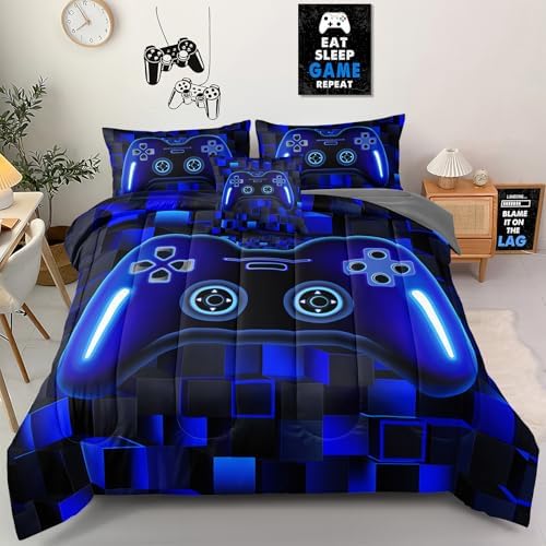 5 Pieces Boys Twin Size Gaming Comforter Set, Blue 3D Cool Video Game Controller Bed in a Bag with Sheets, Soft Lightweight Microfiber Gamer Bedding for Kids Teens, All Season Room Decor Twin52
