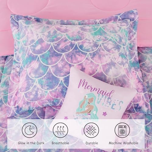 Queen Size Comforter Set for Girls-4 Pieces Mermaid Glow in the Dark