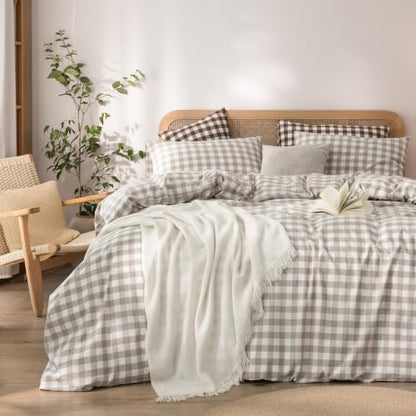BESTOUCH Gingham Cotton Duvet Cover Set Linen Grey California King