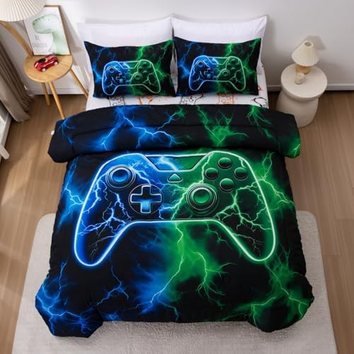 Meeting Story Gaming Bedding Sets Full Size Red and Blue Gamer Comforter Set for Boys Girls Soft Fluffy 3D Cool Video Game Kids Bed in A Bag for All Seasons(Bluegreen)