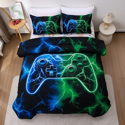 Meeting Story Gaming Bedding Sets Full Size Red and Blue Gamer Comforter Set for Boys Girls Soft Fluffy 3D Cool Video Game Kids Bed in A Bag for All Seasons(Bluegreen)