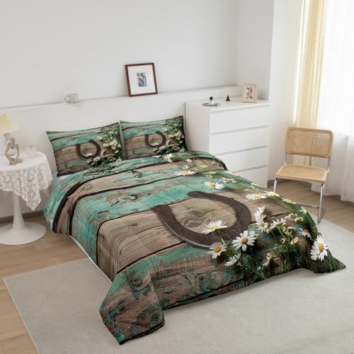 Rustic Farmhouse Bedding Set Teal Country Wooden Barn Door Down Comforter King Western Horseshoe Daisy Decor Comforter Set for Kids Boys Girls Teen Cowboys Cowgirls Quilt Duvet Sets 2 Pillow Cases