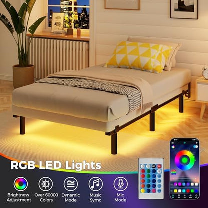 Twin Bed Frame with LED Lights, 7 Inch Heavy Duty Metal Base for Box Spring