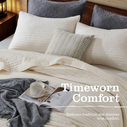 DOWN HOME Queen Quilt Bedding Set with Shams, Vintage Washed Soft Quilted Blanket Thin Comforter Lightweight Bedspread Coverlet Bed Cover, Brushed Microfiber Stripe Stitching, Linen White, 86"x90"