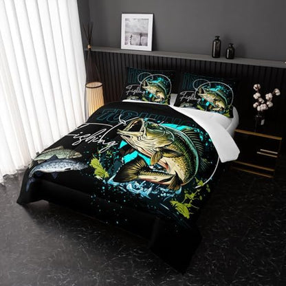 Nttopship Big Pike Fish Bedding ，Hunting and Fishing Brown Green Bedding Set Themed Comforter Set for Kids Boys Room Decor, Full Bed in a Bag for Teens with 2 Pillowcases