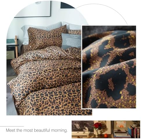 Leopard Print Comforter Set Full Size Animal Cheetah Printed Comforter Set 3 Pieces Fluffy Soft Microfiber Brown/Black Floral Bedding Set Farmhouse Boho Bed Comforter with 2 Pillowcases for All Season