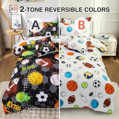 A Nice Night 6Pcs Bed in A Bag Full Sports Microfiber Comforter Set,Black Rugby Ball Basketball Printed Bedding Collections,for Boys Kids Teen