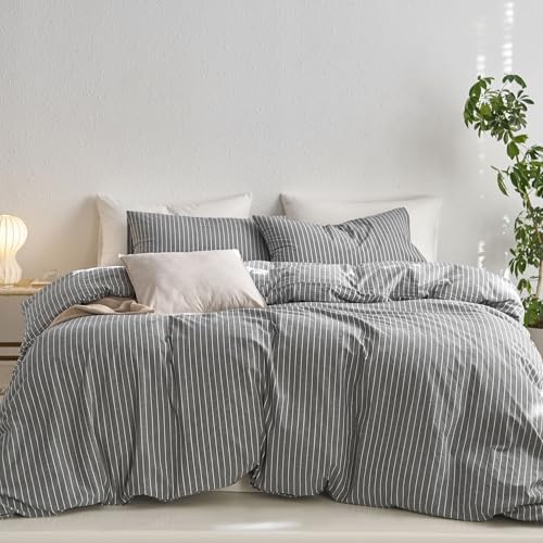MooMee Striped Duvet Cover Set 100% Washed Cotton Linen Like King
