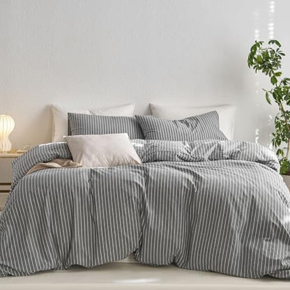 MooMee Striped Duvet Cover Set 100% Washed Cotton Linen Like Queen