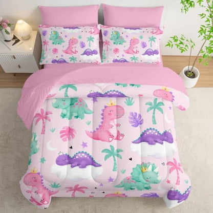 HOSIMA 7Pcs Cute Crown Dinosaur Bedding Set King for Girls Bedroom Decor.