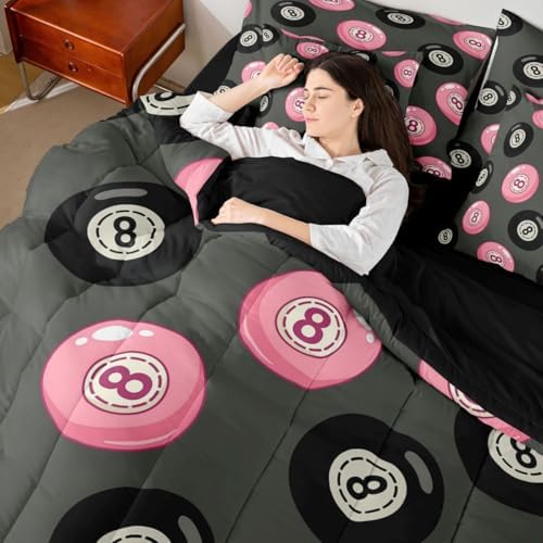Erosebridal Girly Fashion Y2K Full Comforter Set 7 Piece Pink Black Lucky 8 Ball Bedding Set for Kids Boys Girls,Trendy Aesthetic Preppy Bed in A Bag Funky Y2K Style Bed Set Coquette Room Decor