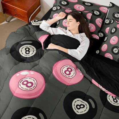 Erosebridal Girly Fashion Y2K King Comforter Set 7 Piece Pink Black Lucky 8 Ball Bedding Set for Kids Boys Girls,Trendy Aesthetic Preppy Bed in A Bag Funky Y2K Style Bed Set Coquette Room Decor