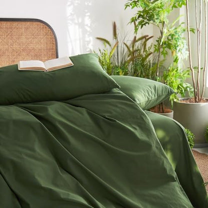 Wake In Cloud - Cotton Duvet Cover Set, 100% Washed Cotton, Linen Like Textured, Breathable Durable Comfy Farmhouse Neutral Bedding Set, 3 Pieces, Olive Green, Queen Size