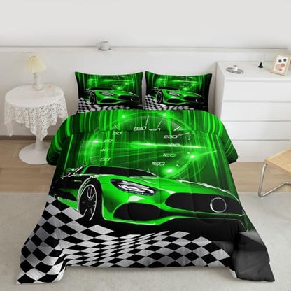 Erosebridal Green Race Car Queen Comforter Set for Toddler Boys,Glitter Ombre Line Art Bedding Set Neon Light Sports Car Dashboard Quilt,Black and White Grid Lattice Buffalo Plaid Decor
