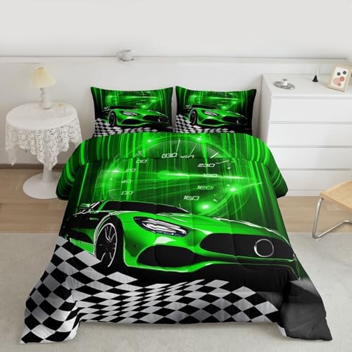 Erosebridal Green Race Car Comforter Set for Youth Boys,Glitter Ombre Line Art Bedding Set Neon Light Sports Car Dashboard Quilt King,Black and White Grid Lattice Buffalo Plaid Decor