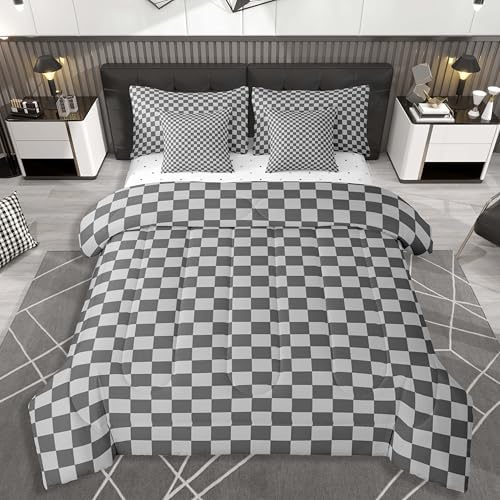 jejeloiu Grey Bedding Set 7Pcs Full Size Kids Checkered Grid Comforter Set with Sheets for Boys Girls Classic Plaid Buffalo Check Bed in a Bag Soft Lightweight,Microfiber