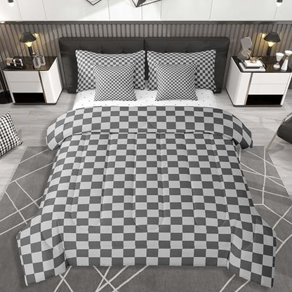 jejeloiu Grey Bedding Set 7Pcs Full Size Kids Checkered Grid Comforter Set with Sheets for Boys Girls Classic Plaid Buffalo Check Bed in a Bag Soft Lightweight,Microfiber