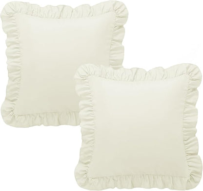 KKJIAF Ruffle Pillow Cases 18x18 Inches, Beige Square Ruffled Pillow Covers Set of 2, Microfiber Wrinkle Resistant Pillow Shams with Envelope Closure for Sofa Bed Living Room
