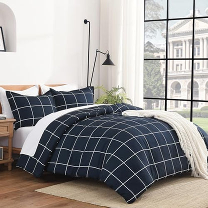Andency Queen Comforter Sets Navy, Gingham Plaid Grid Checkered Bedding Set