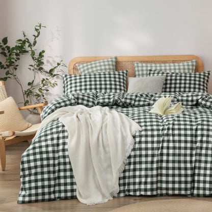 BESTOUCH Gingham Cotton Duvet Cover Set Green Twin