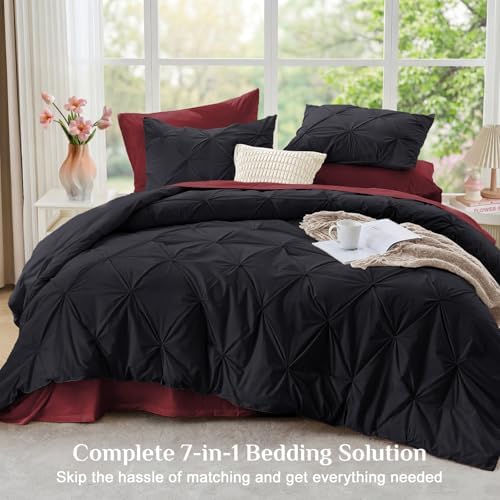 JOLLYVOGUE Full Size Comforter Sets 7 Pieces - Bed in a Bag Full for All Season, Pintuck Bedding Comforter Sets with Comforter, Flat Sheet, Fitted Sheet and Pillowcases & Shams, Black & Burgundy