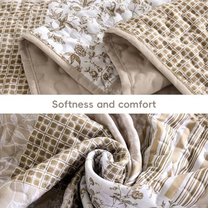 Mybedsoul Boho Quilts Queen Size, Beige Patchwork Floral Bedding Set