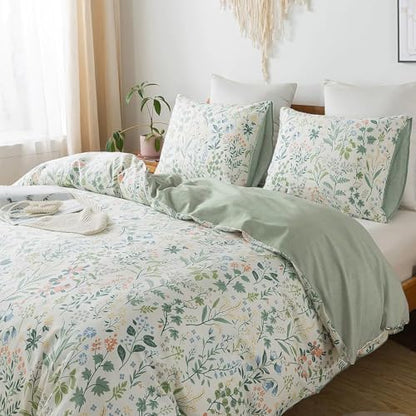 VM VOUGEMARKET Twin Duvet Cover Set 3 Pieces Sage Green Botanical Flower Duvet Cover with 2 Pillowcases Cottagecore Bedding Set 100% Cotton White Green Comforter Cover Without Filling