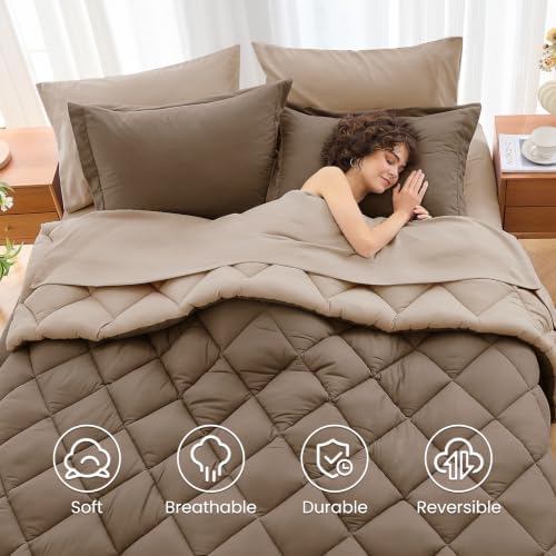 MUXHOMO 7 Pieces California King Comforter Set, Reversible Bed in a Bag Cal King Size, All Season Bedding Set with Comforter, Flat Sheet, Fitted Sheet, Pillowcases & Shams, Light Brown & Dark Linen