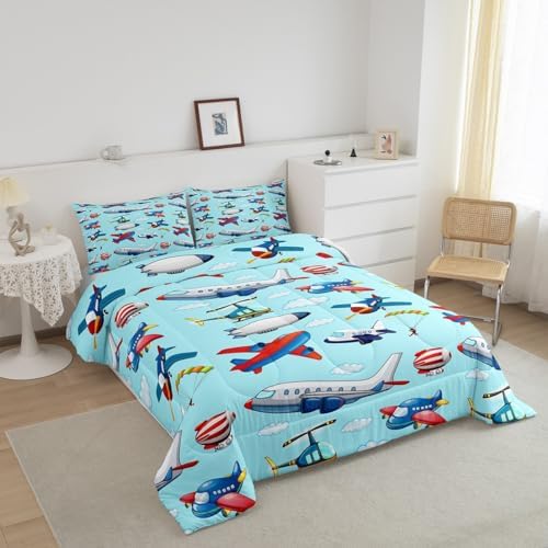 Kids Aircraft Comforter Set Boys Cartoon Airplane Print Comforter Helicopter Flying Plane Bedding Set for Children Girls Travel Decor Duvet Set Cute Colorful Planes Room Decor Queen Size Quilt Set