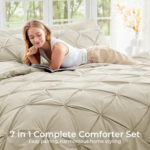 Sasttie Twin XL Comforter Set, 5-Piece Bed in a Bag, Pintuck Bedding Sets for All Season, Includes Comforter, Flat Sheet, Fitted Sheet, Pillowcase and Pillowsham, Linen