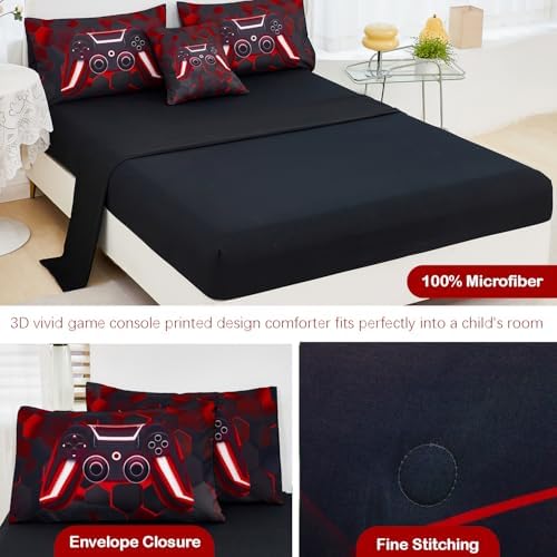 URBONUR Black and Red Gaming Comforter Set Full Size for Boys 6 Pieces