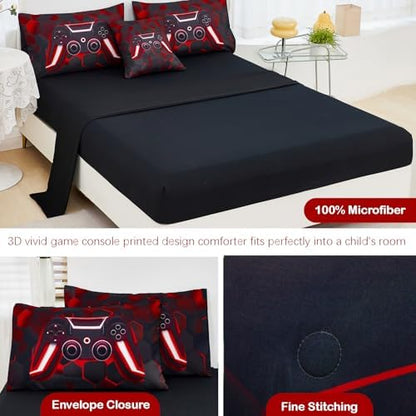 URBONUR Black and Red Gaming Comforter Set Full Size for Boys 6 Pieces