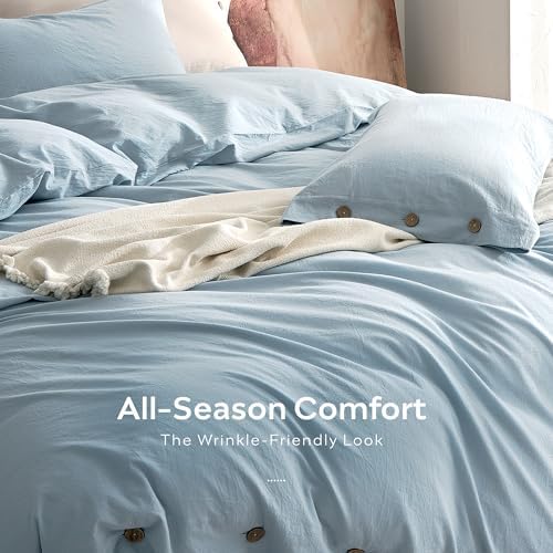 JELLYMONI 100% Washed Cotton Baby Blue Duvet Cover Full, Linen-Like