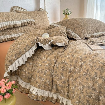 VM VOUGEMARKET Floral Duvet Cover Set Twin for Teen Girls,Shabby Chic Muted Flower Duvet Cover with 2 Pillow Shams,Double-Layer Gauze Cotton Bedding Set,Comfy,Breathable-Tan 68"x86"