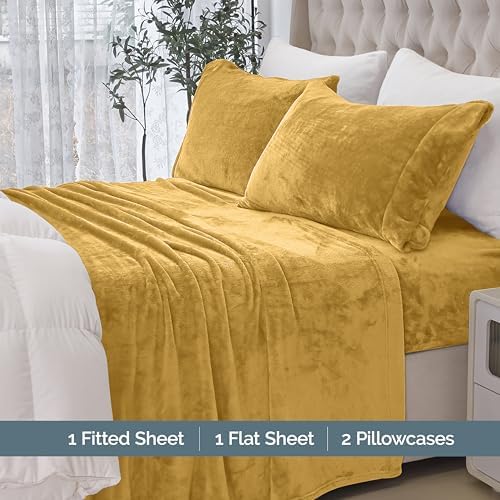 Elegant Comfort Luxuriously Soft 4-Piece Velvet Plush Flannel Sheet Set - Premium Quality - Cozy Warm, Anti-Static, Non Pilling Fuzzy Velvet Flannel Fleece Deep Pocket Sheet Set - Cal King, Gold