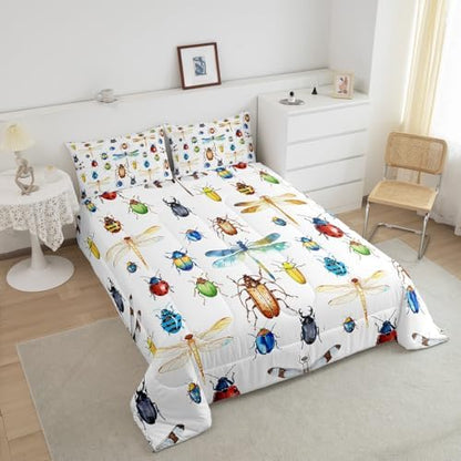 Erosebridal Kids Dragonfly Down Comforter Dragonfly Gifts for Women, Ladybug Insect Comforter Set Full Size for Children Boys Girls Teens, Reptile Pattern Bedding Comforters Colorful Duvet Insert