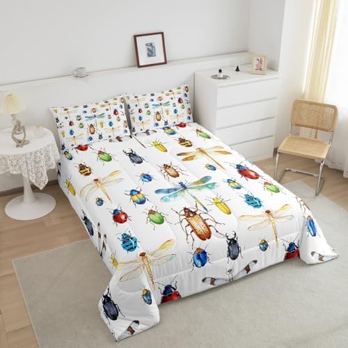 Erosebridal Kids Dragonfly Down Comforter, Ladybug Insect Comforter Set King Size for Children Boys Girls Teens, Reptile Pattern Bedding Comforters Colorful Lightweight Duvet Insert Bed Decorative