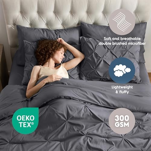 Nestl 9 Piece King Comforter Set – Dark Grey Pinch Pleated Bed in a Bag – Complete King Size Bedding Set with Sheets, Set of 2 Cooling Pillows, Pillowcases and Shams